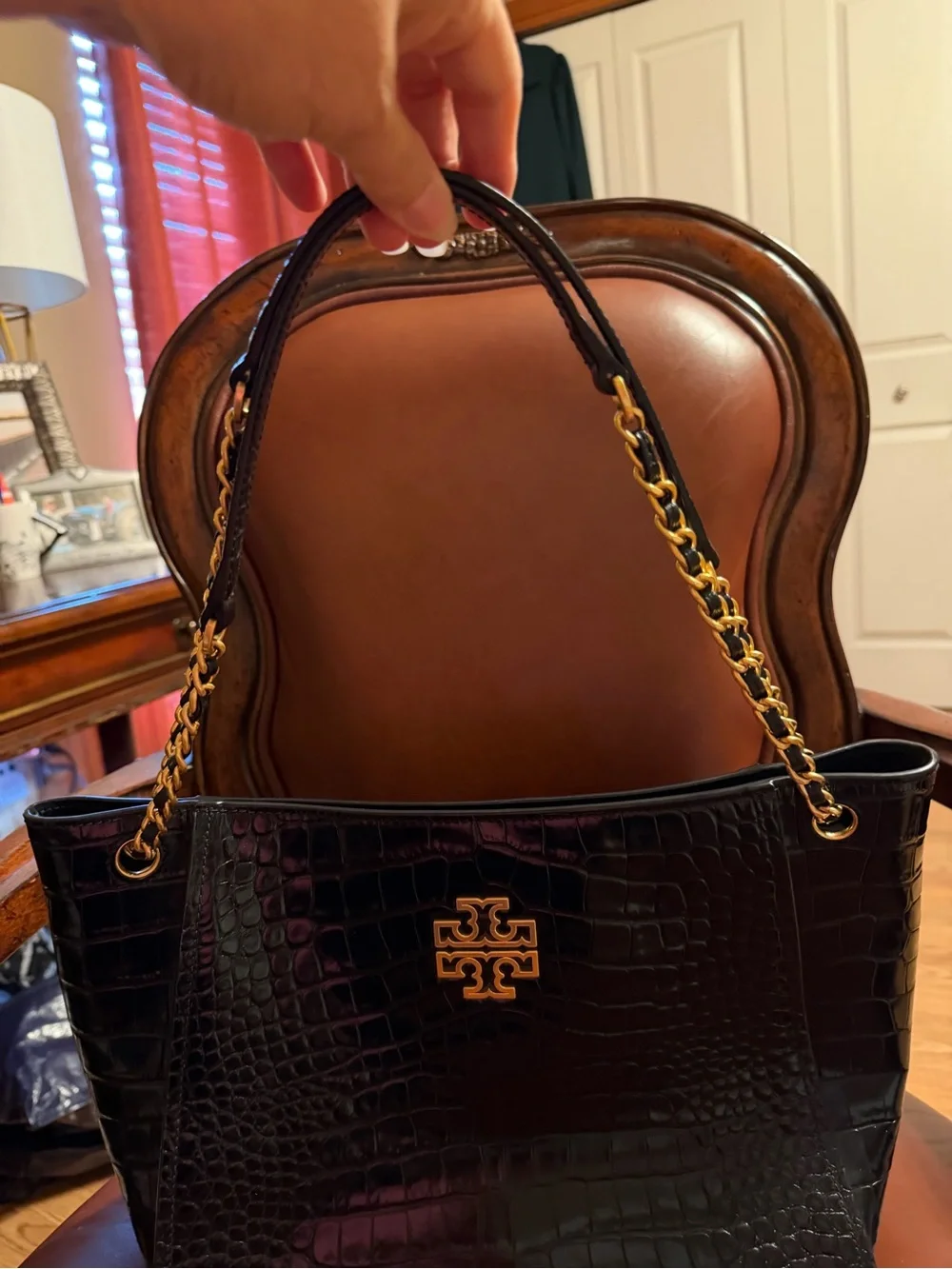 Tory Burch Black Croc-Embossed Shoulder Tote with Gold Logo